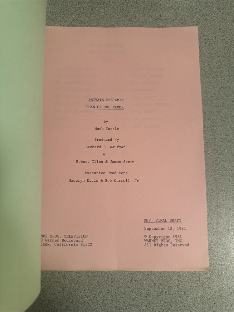 1981 CBS TV Script Screenplay PRIVATE BENJAMIN “Man On The Floor”