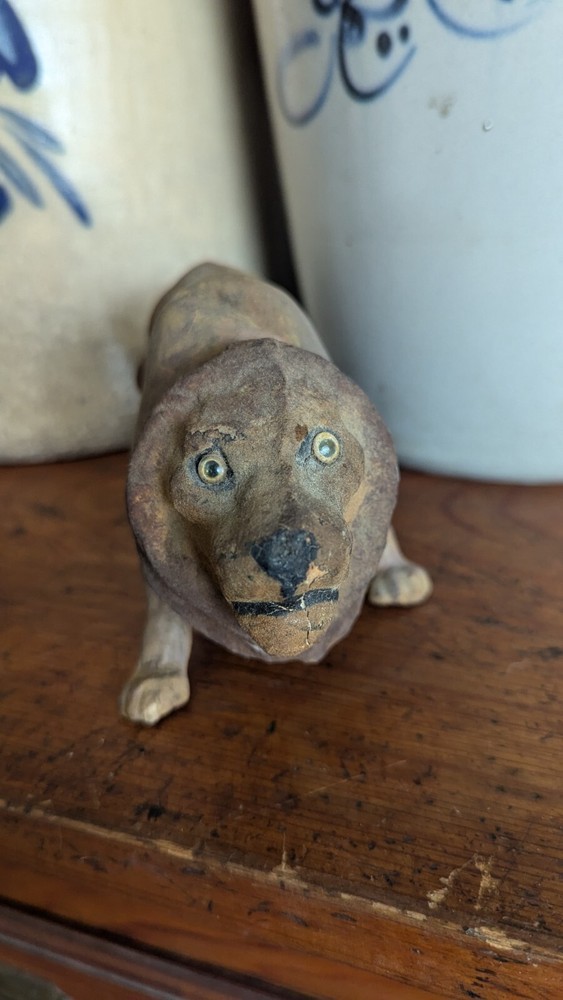 Rare Antique Composition German Lion Polychrome Painted Candy Container