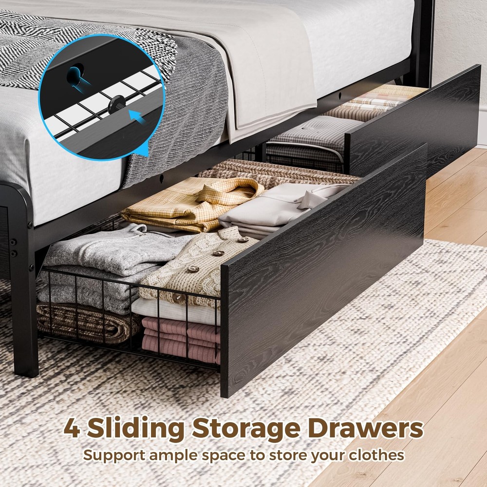 Bed Frame Full Size with Charging Station and Lights, Upholstered Storage Hea...