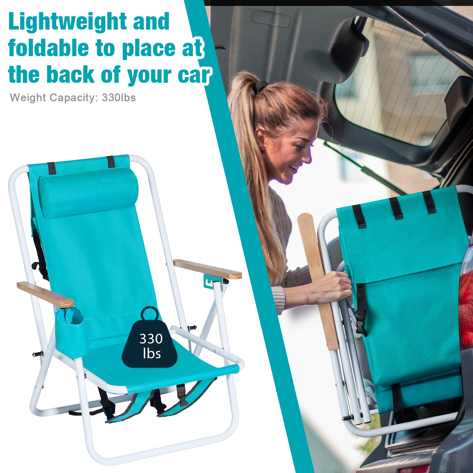 Set of 2 Folding Beach Lounge Chair Backpack Camping Chair Cup Holder Pillows