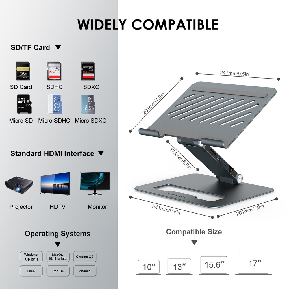 Adjustable Computer Riser Laptop Stand USB C Dock Dual HDMI for 10-17" Laptop