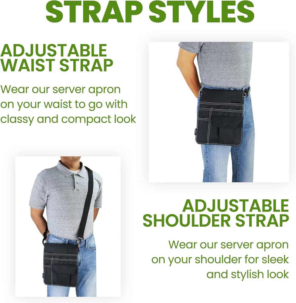 Waitress Apron with 5 Pockets - Black Server Apron with Adjustable/Removable Wai