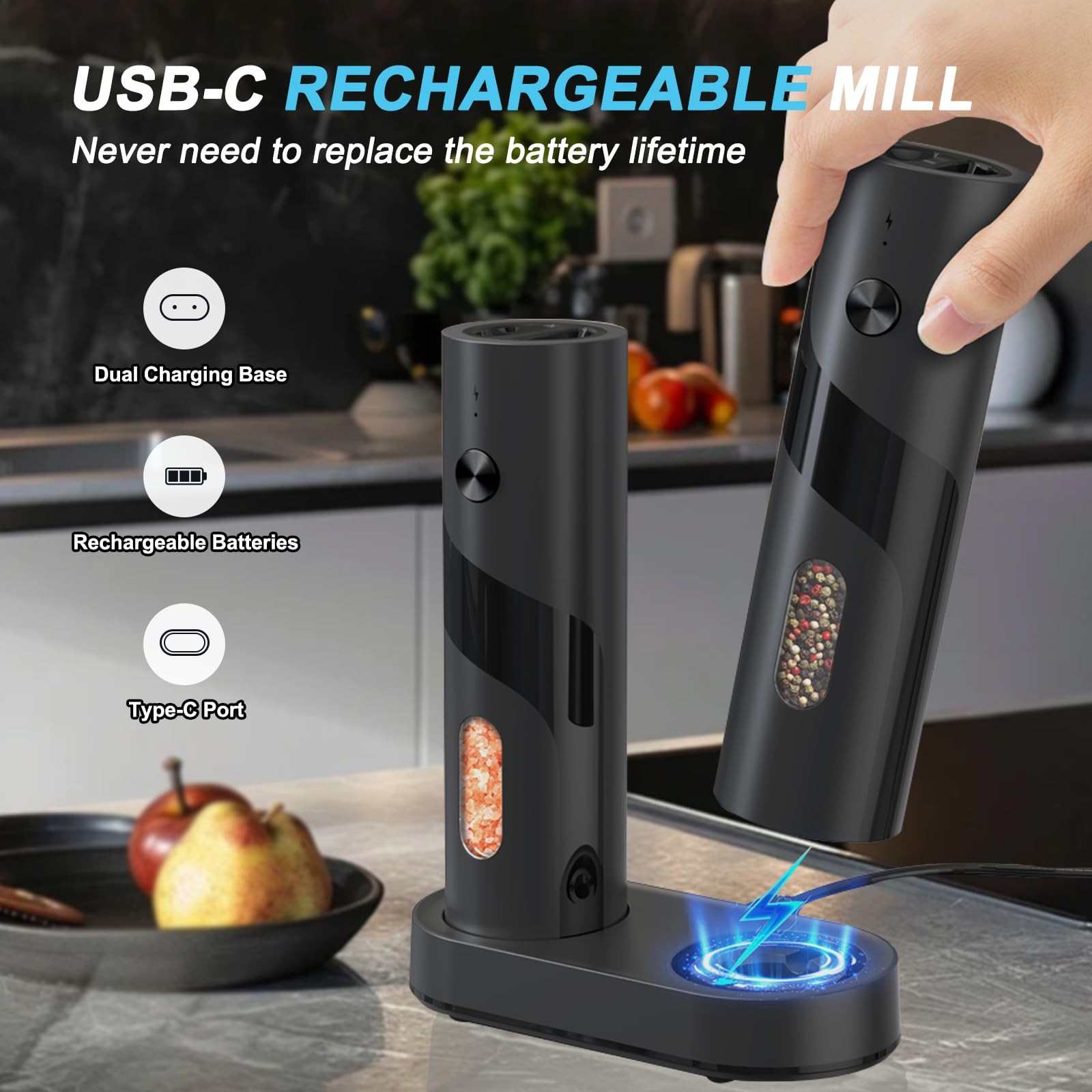 Electric Salt and Pepper Grinder Set Rechargeable with LED Pack of 2 with Base