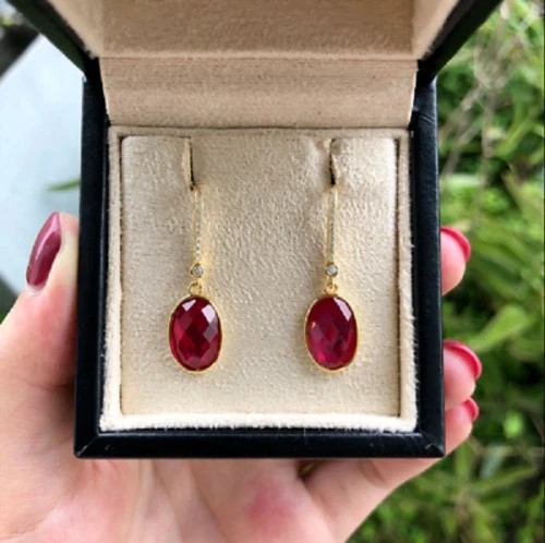 2 Ct Oval Cut Lab Created Red Ruby Drop & Dangle Earrings 14K Yellow Gold Plated