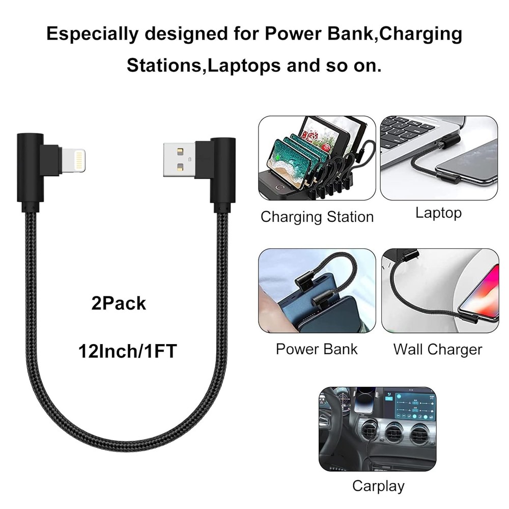 2 Pack 1ft 90 Degree iPhone Charger MFi Certified Lightning Cable