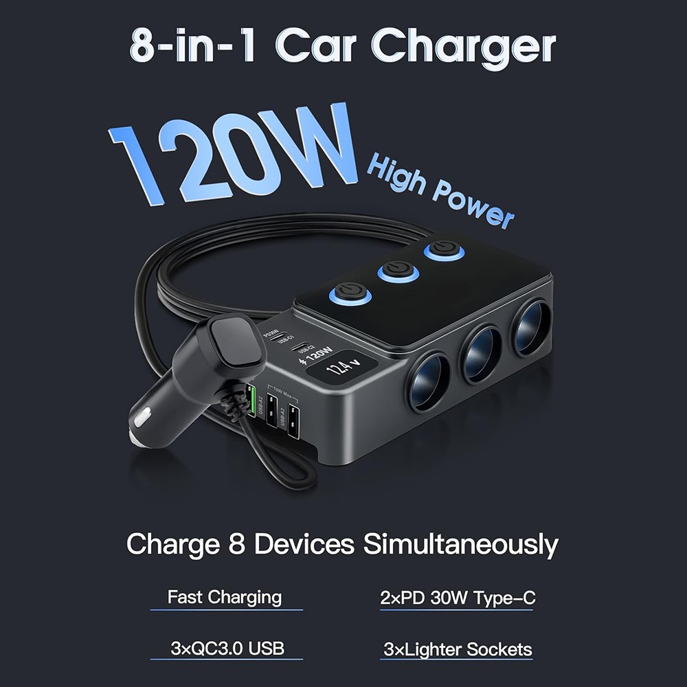 3 Way Car Cigarette Lighter Socket Splitter USB Fast Charger Power Adapter 12V