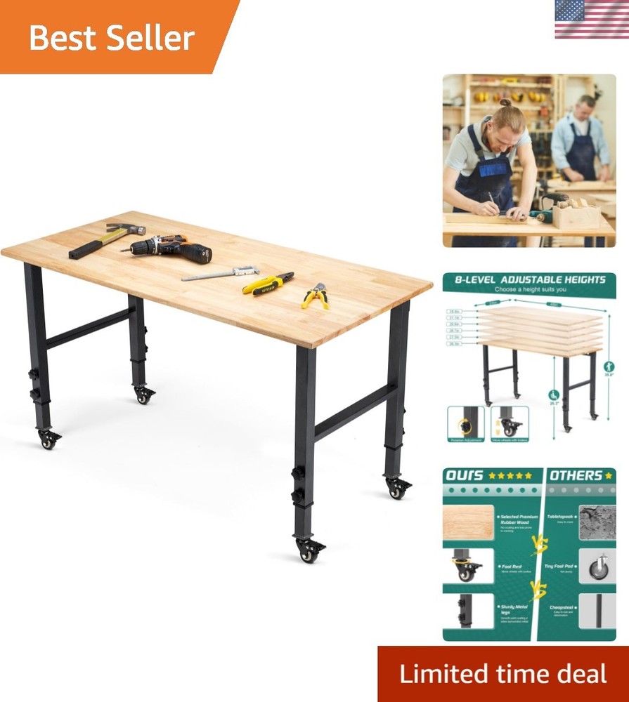 48" Adjustable Height Heavy-Duty Workbench - 2000 lbs Capacity & Lockable Wheels