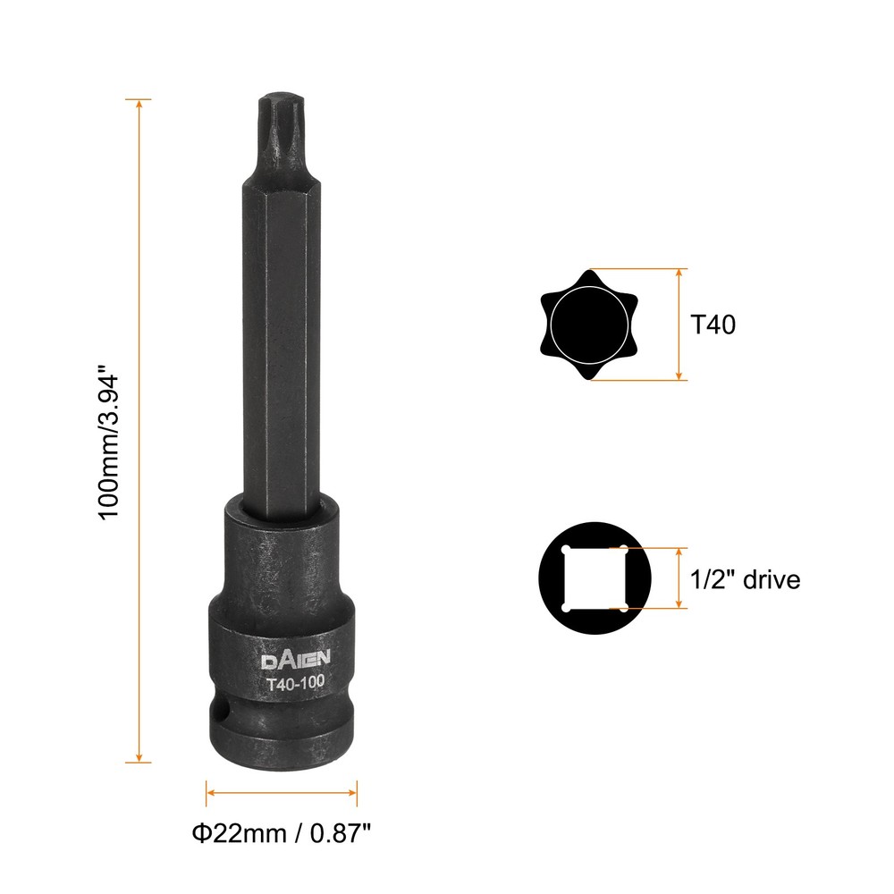 T40 Torx Bit Socket 100mm Length 1/2" Square Extension Impact Bit, Black