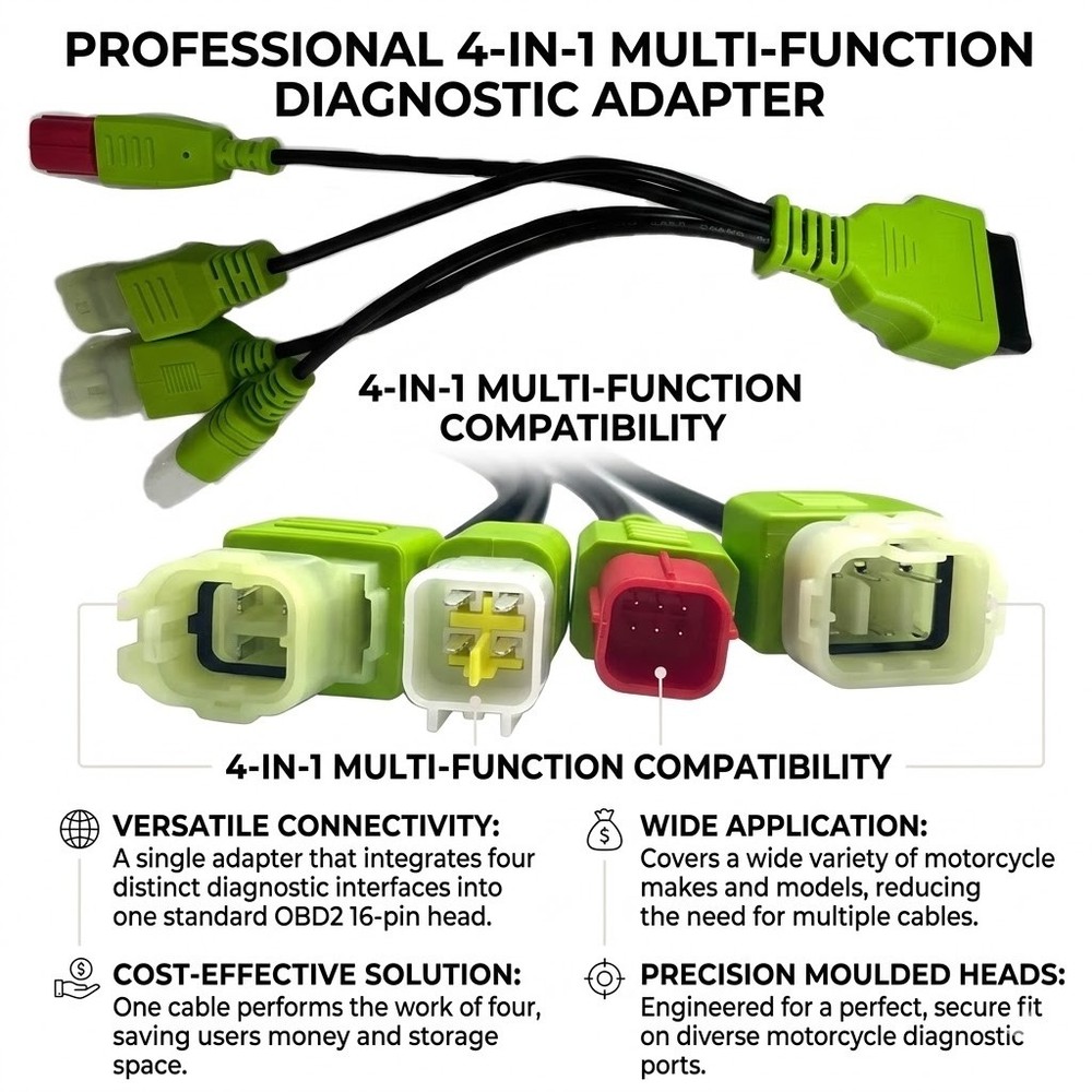 Universal 4in1 Moto OBD2 Diagnostic Cable - Compact Multi-Interface Adapter Tool