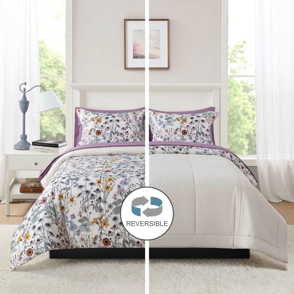 All in One Reversible Comforter & Sheet set- 7 PCS Queen White Multi Floral
