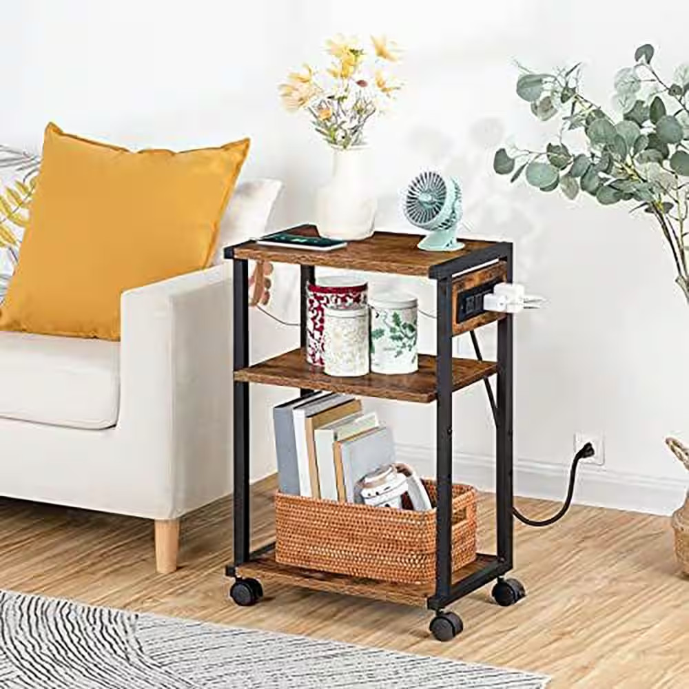 3-Tier Rolling Printer Stand with Charging Station and Adjustable Shelf, Rustic
