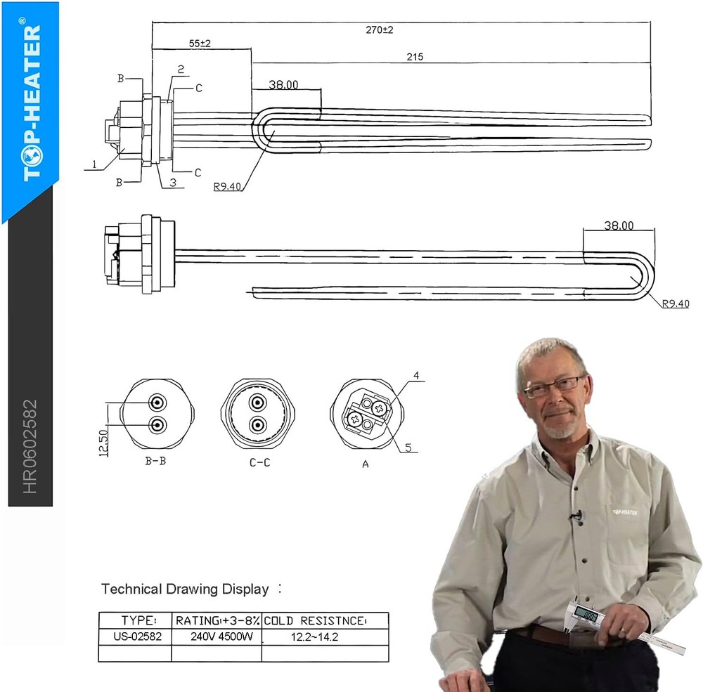 Water Heater Element 4500W,Screw-in,Foldback Type 02582 Silver