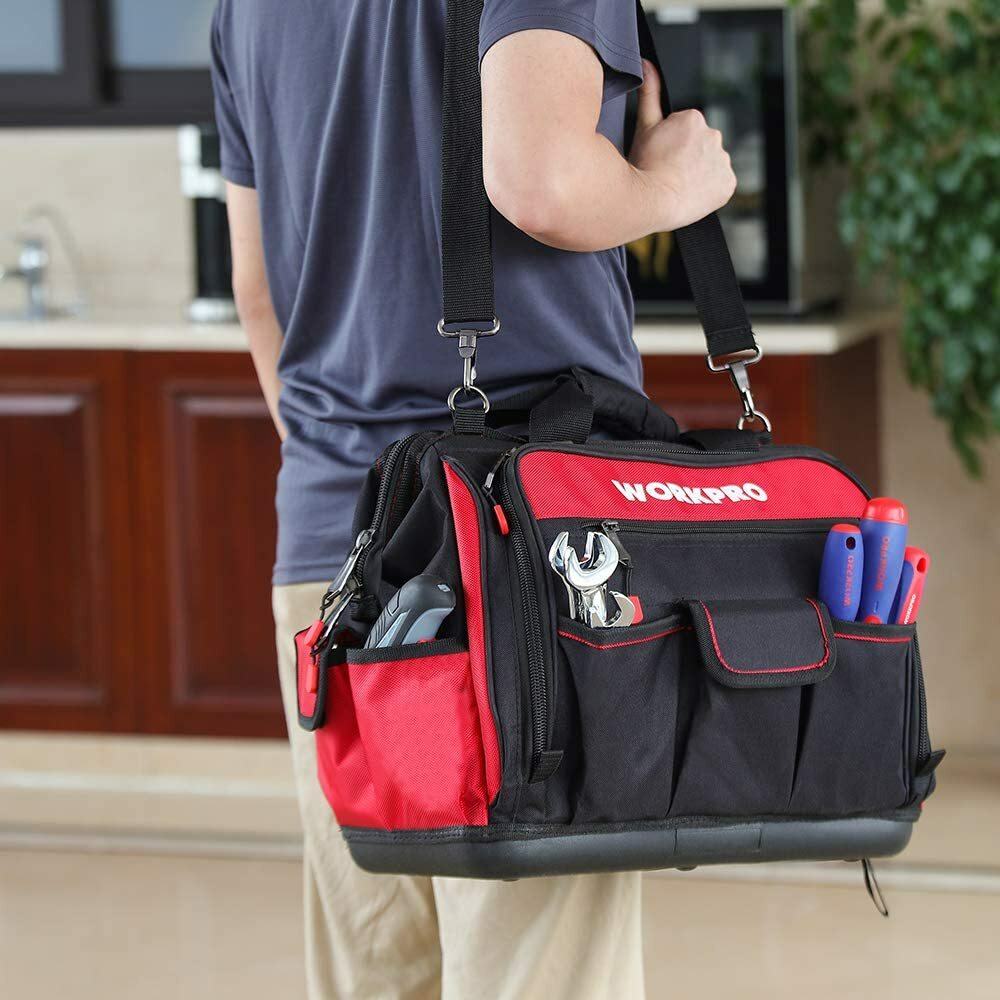WORKPRO 16" Wide Mouth Tool Bag with Water Proof Rubber Base For Tool Storage