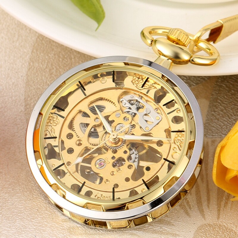 Men's Mechanical Pocket Watch Hand Winding Open Face Golden Pendant Chain Gifts