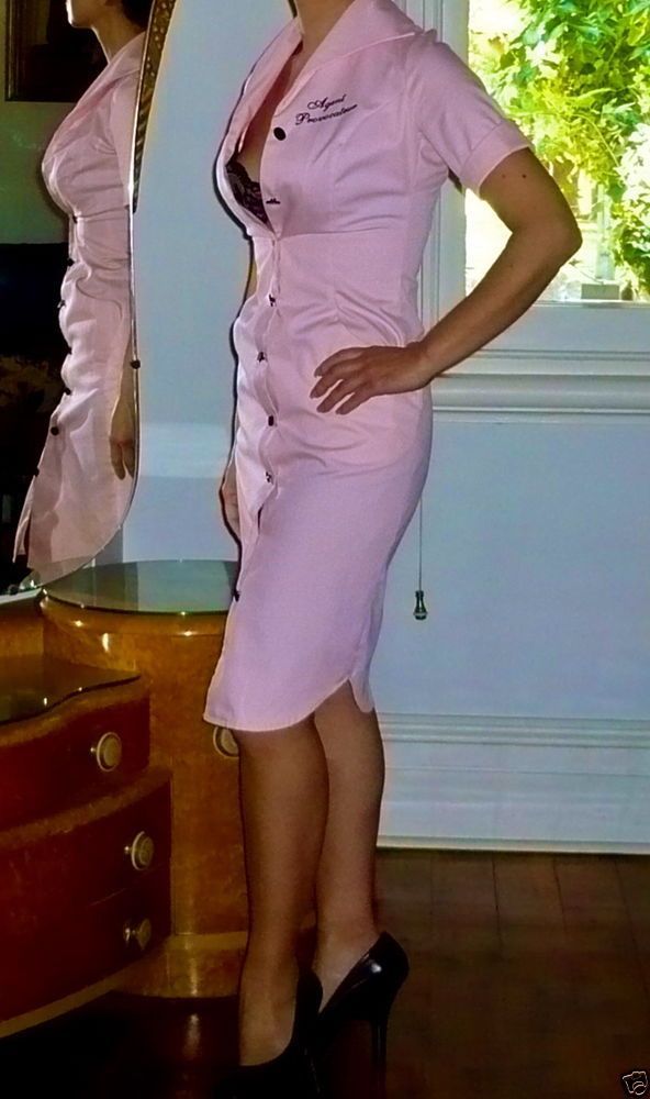 AGENT PROVOCATEUR SEXY NWT PINK UNIFORM DRESS SIZE 12 STAFF BLACK BUTTONS PARFUM