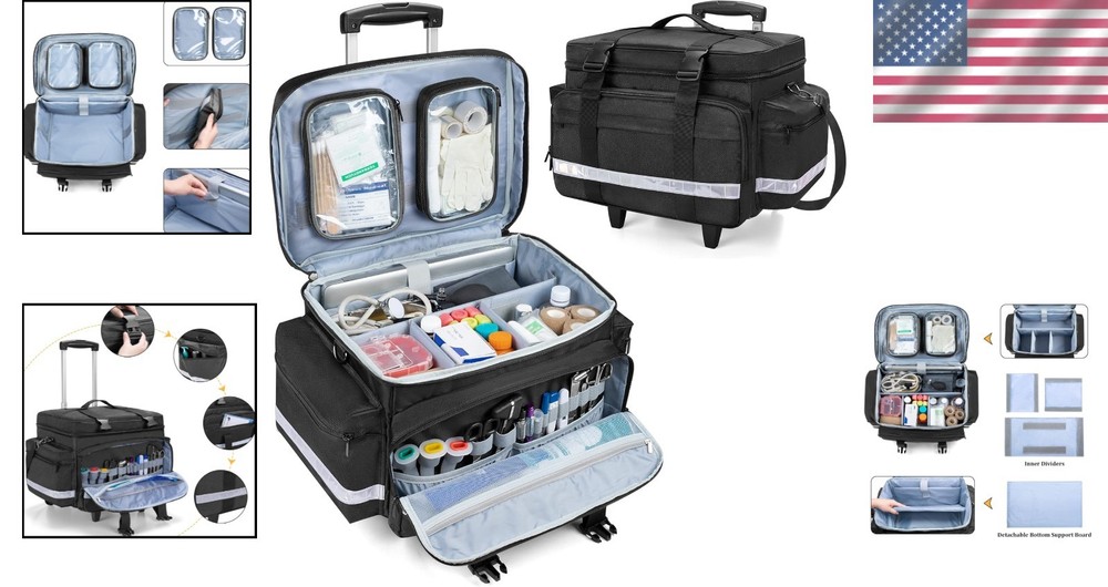 Rolling Medical Bag with Reflective Strips and Multiple Compartments