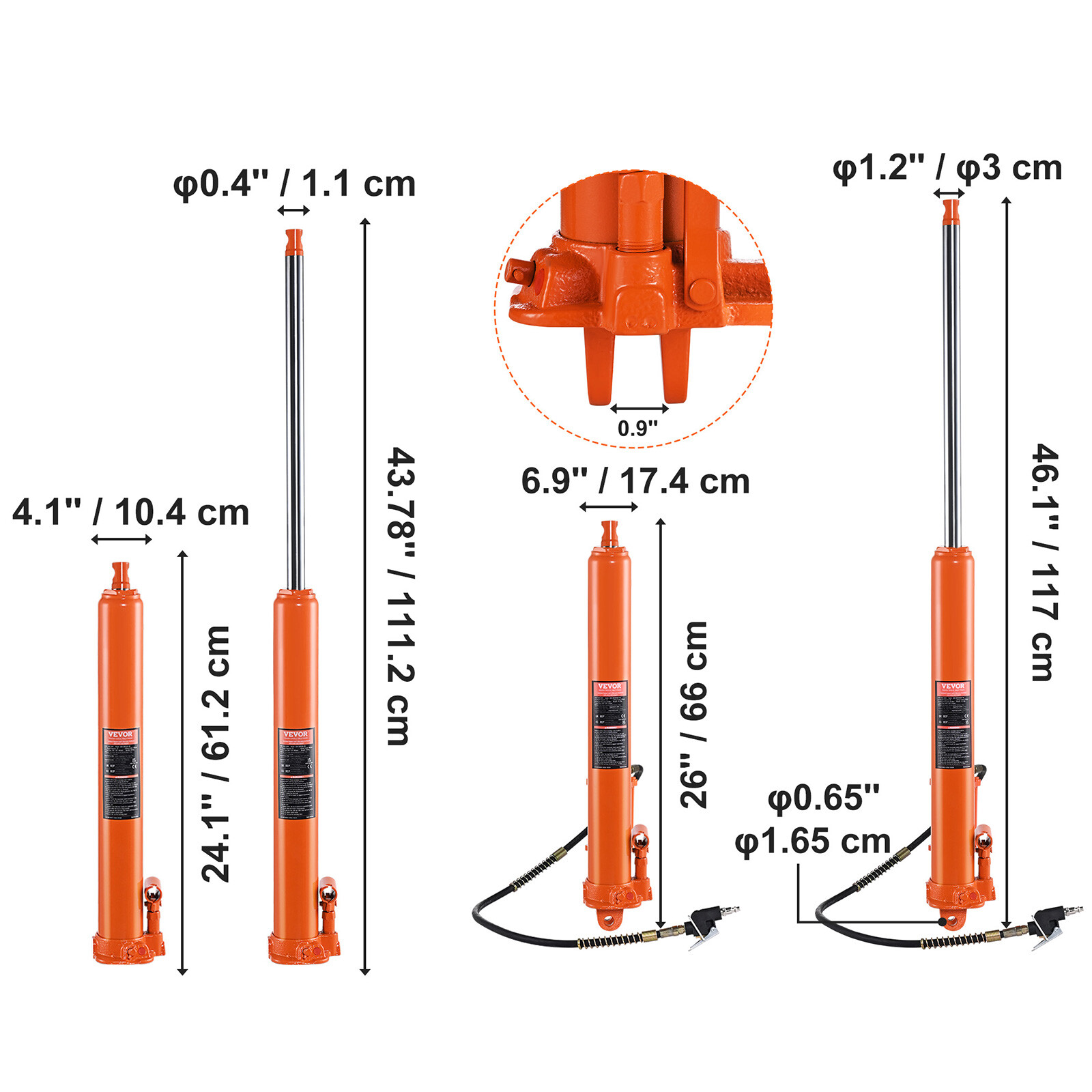 VEVOR Hydraulic Long Ram Jack 3/4/8T Flat/Clevis Base Engine Lift Hoist Cylinder