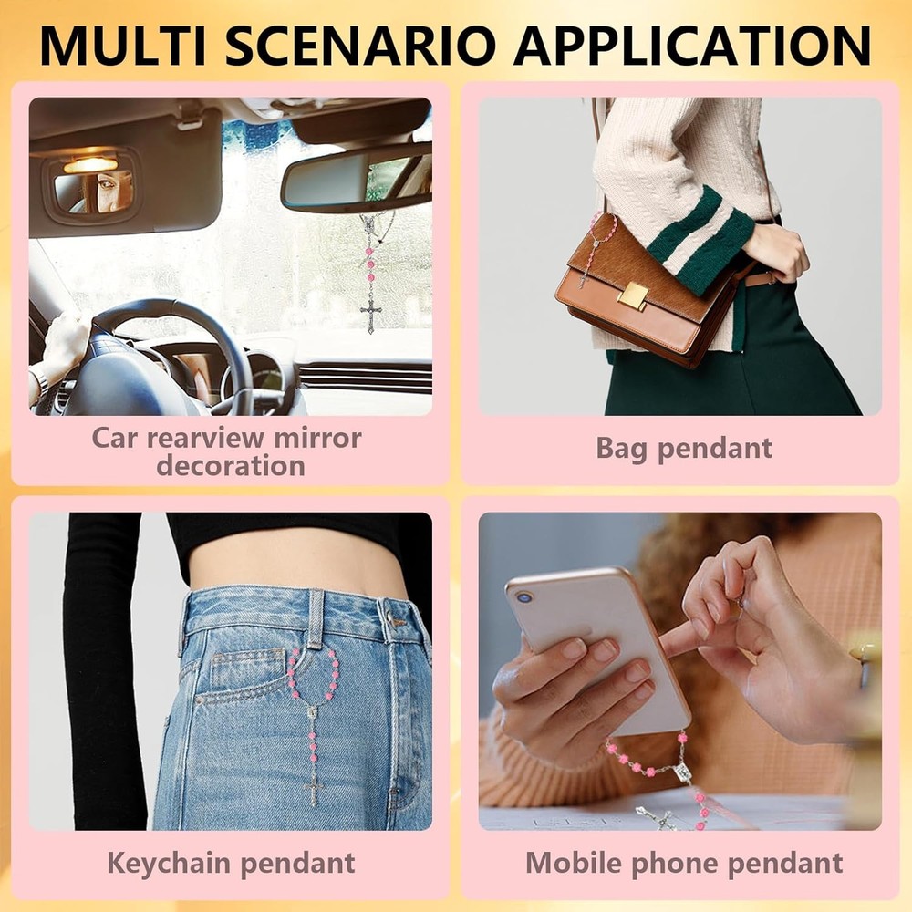 Car Rosary for Rearview Mirror, 2PCS Personalized Rear View Cross Blessing Beads