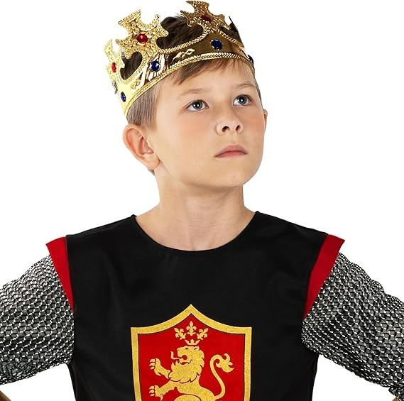 Kids Medieval Knight Costume + Crown Boys Warrior Lord Chainmail King 4-14 yrs