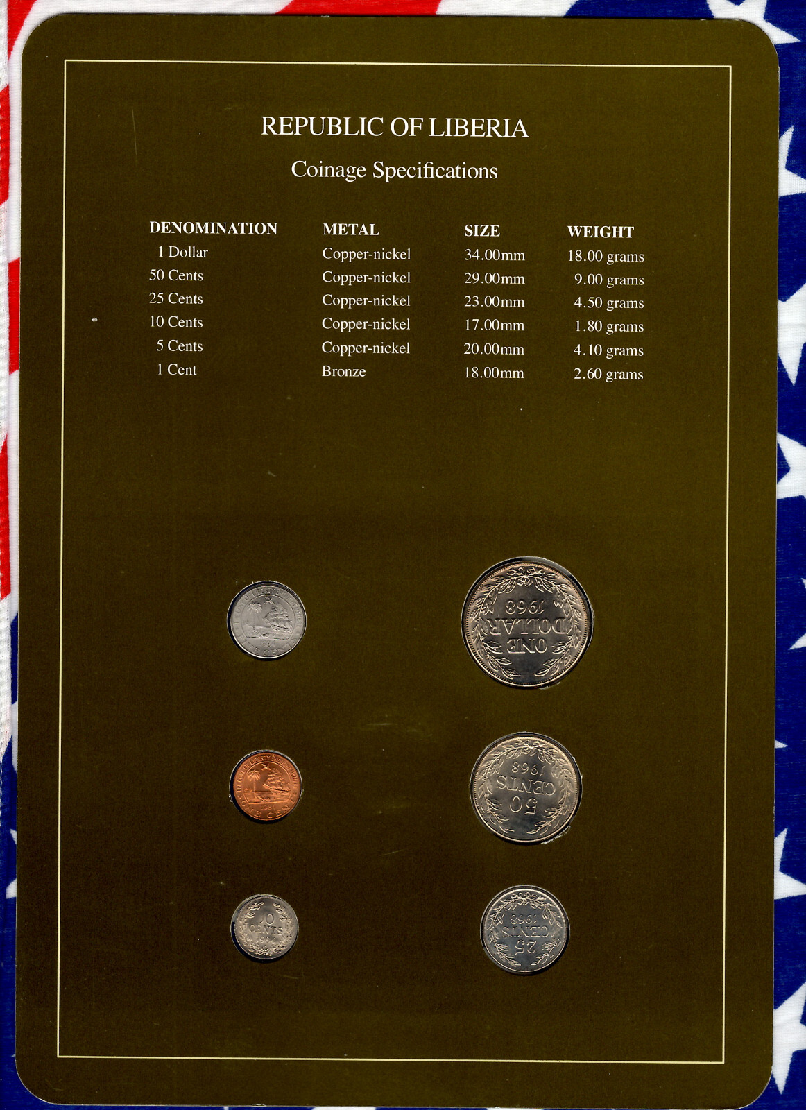 Coin Sets of All Nations Liberia w/card UNC $1,50,25 cent 1968 10,5,1 cent 1984