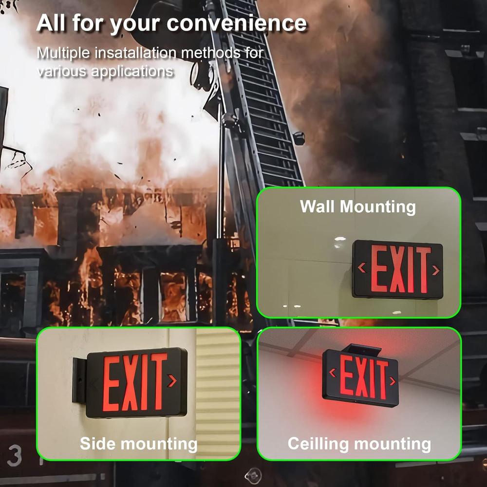 TANLUX Red Exit Sign with Black Housing, LED Emergency Exit Light with Battery B