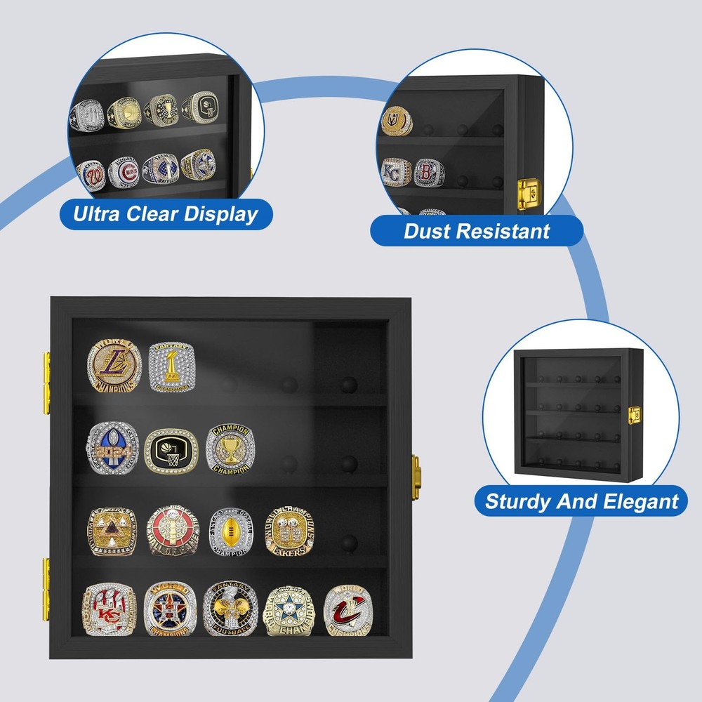 Championship Ring Display Case: Wooden Shadow Box with 20 Posts Black