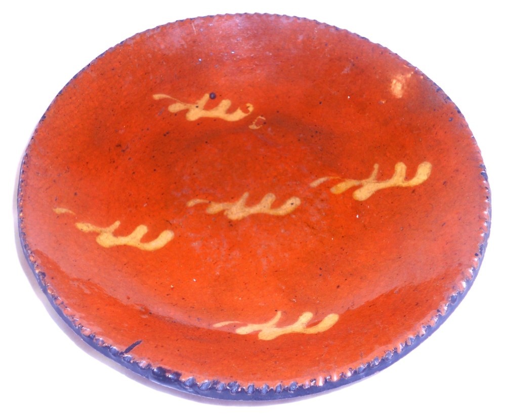 Antique 8.5 Inch Lead Glazed Yellow Slip Decorated Redware Plate Southeastern PA