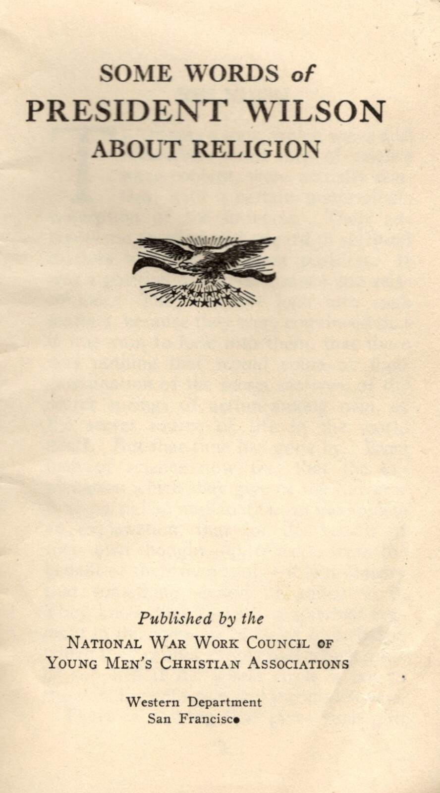 WWI Era YMCA "Words of President Wilson on Religion" 24p. Pamphlet