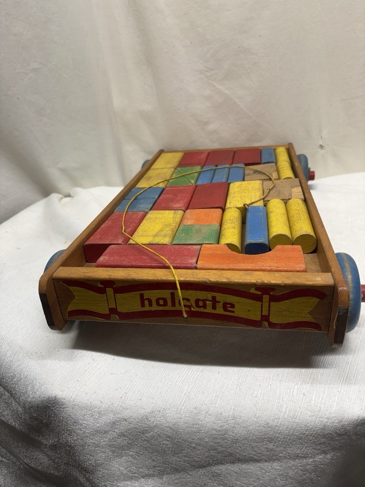 VINTAGE HOLGATE WOOD WAGON AND BLOCKS PULL TOY