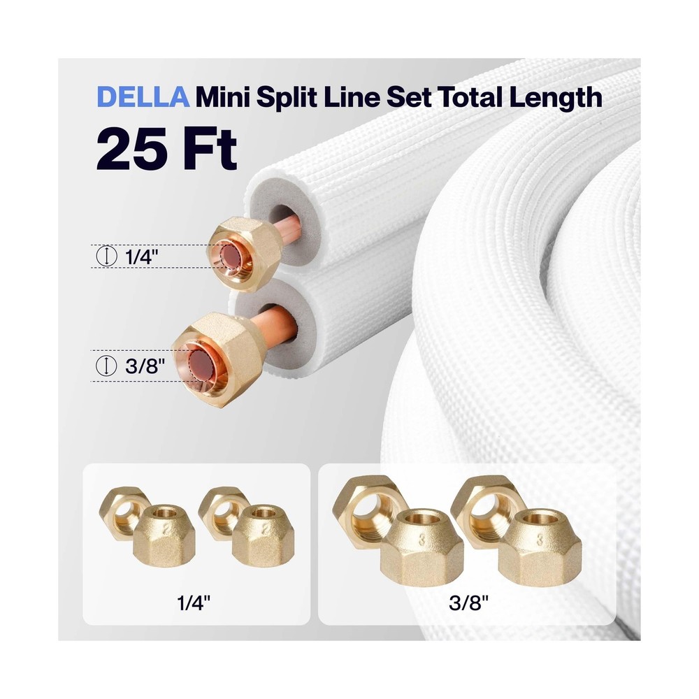 Della 25 Ft Mini Split Line Set, Includes 3/8" & 1/4" O.D. Copper Pipes with ...