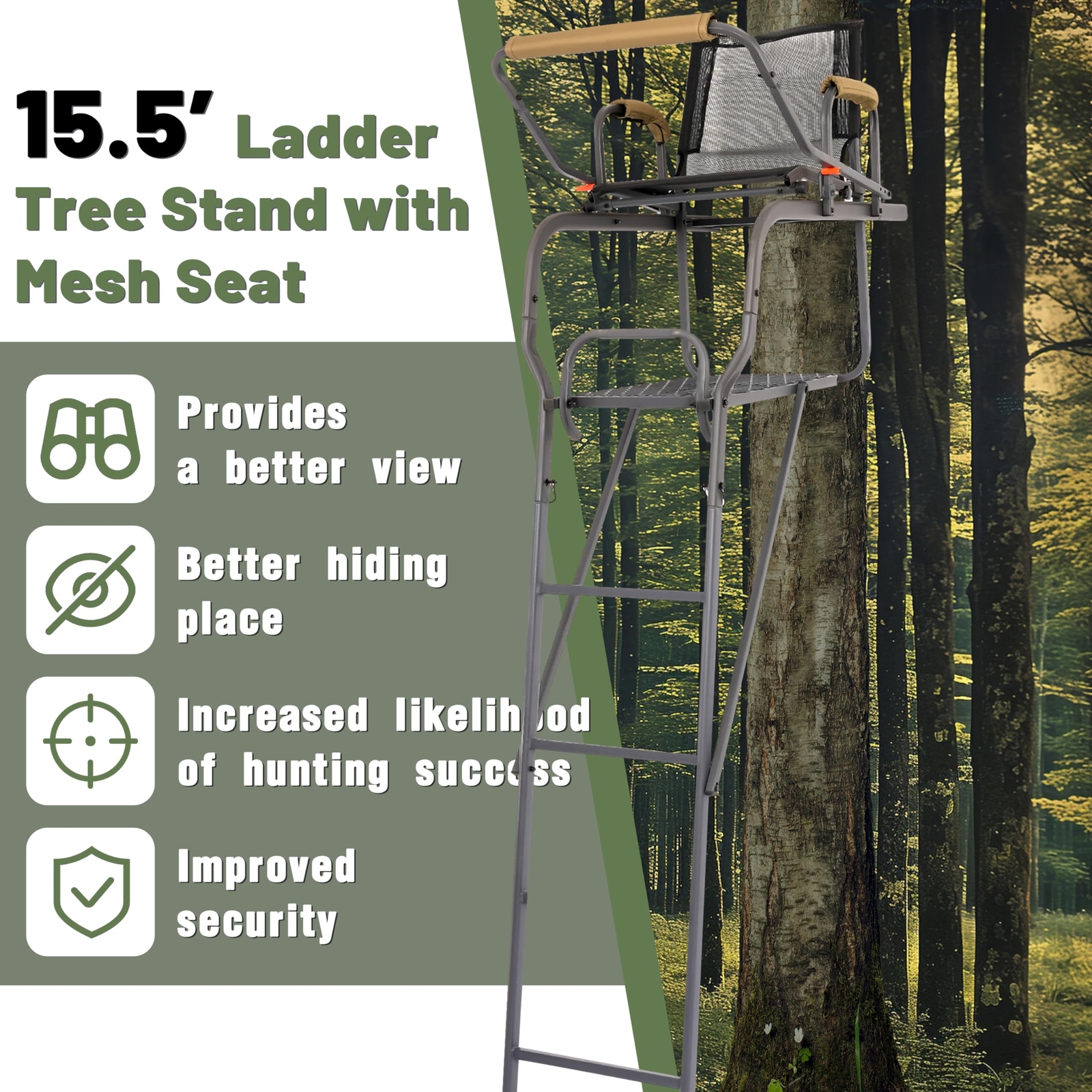 15.5' Steel Climbing Ladder Tree Stand Outdoor For Hunting&Mesh Seat Equipment