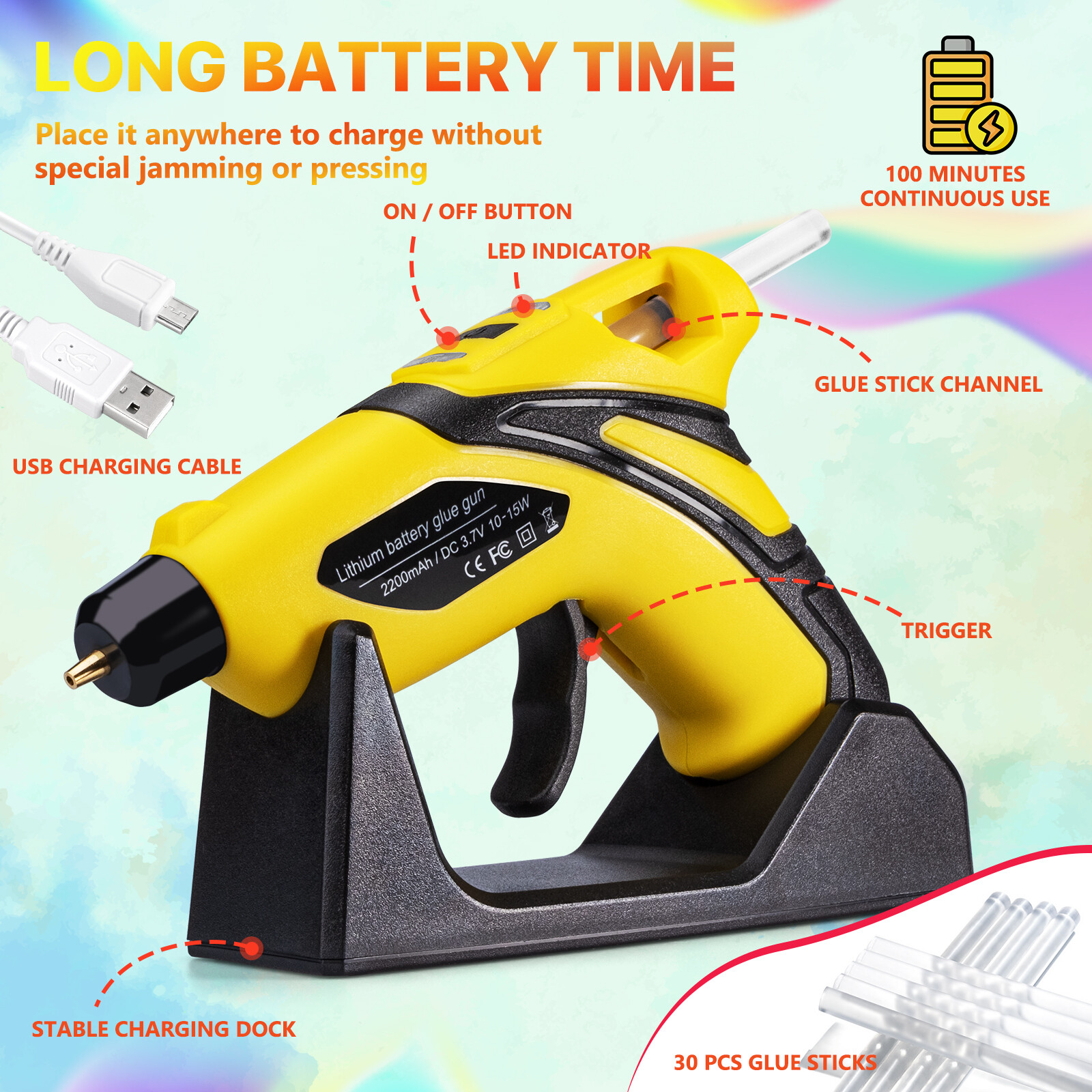 Rechargeable Cordless Fast Preheating Hot Glue Gun Kit with 30PCS Glue Sticks