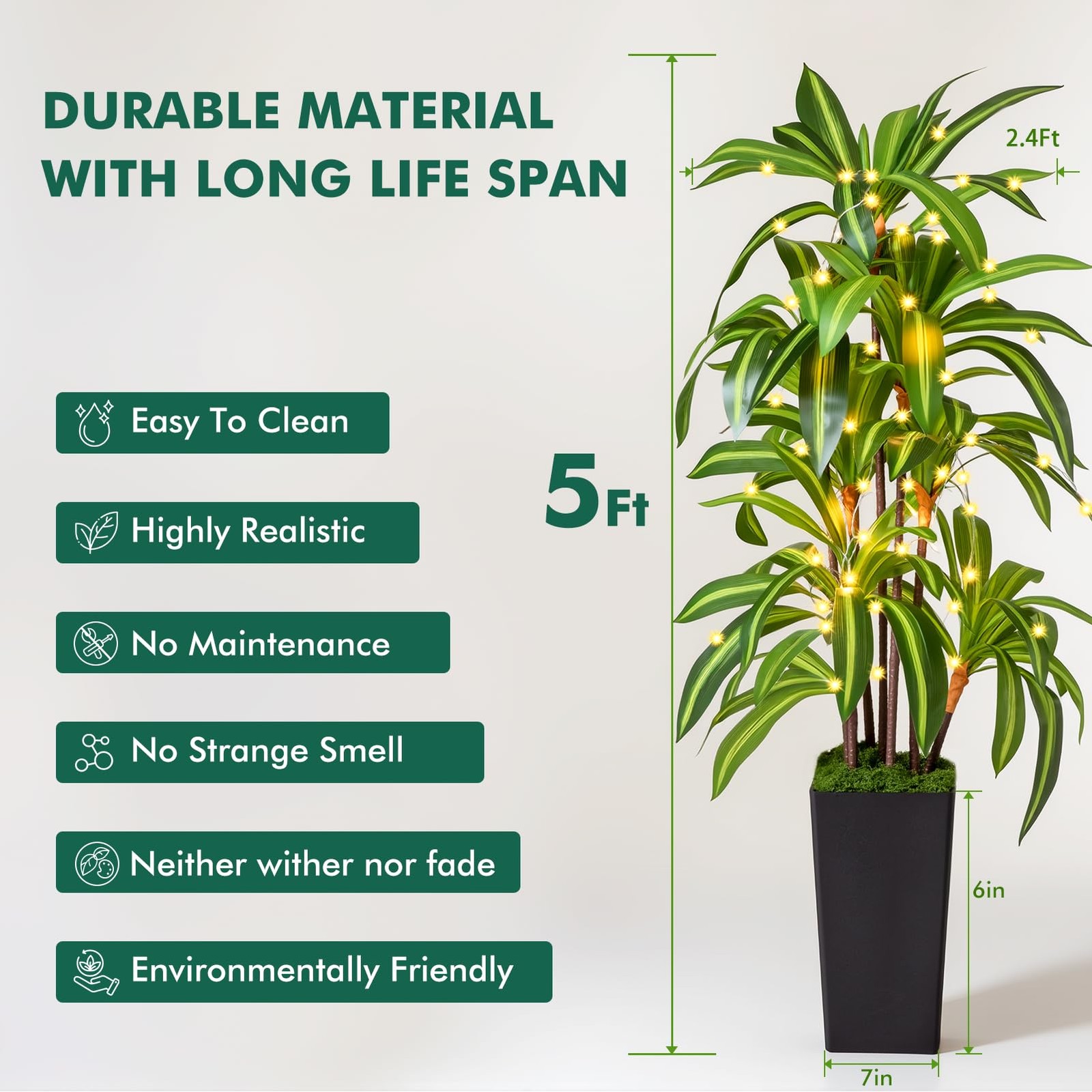 Artificial Dracaena Tree 5FT Fake Tree with Black Tall Planter Indoor Decor