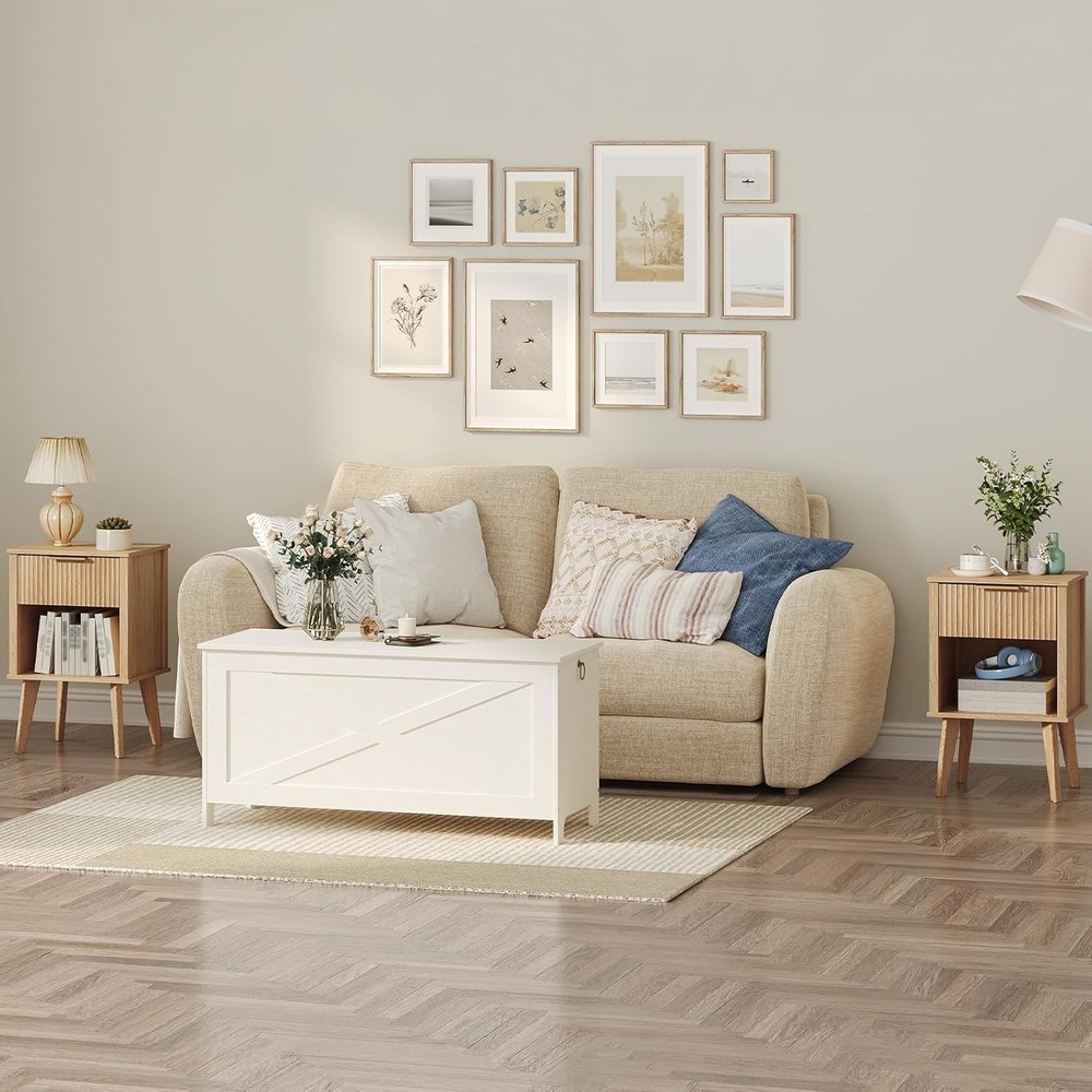 End Table, Fluted Night Stand, Modern Side Bedside Table with Natural