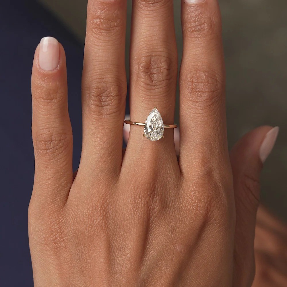 3 Ct Pear Cut Lab Grown Diamond Hidden Halo Engagement Ring 14k Yellow Gold