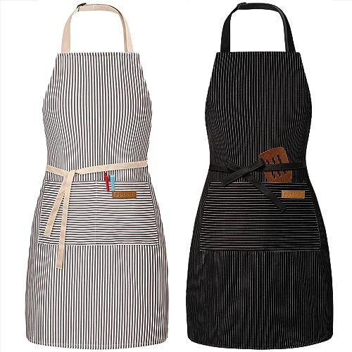 2 Pack Adjustable Bib Apron with 2 Pockets Chef Cooking Black/Beige Stripes