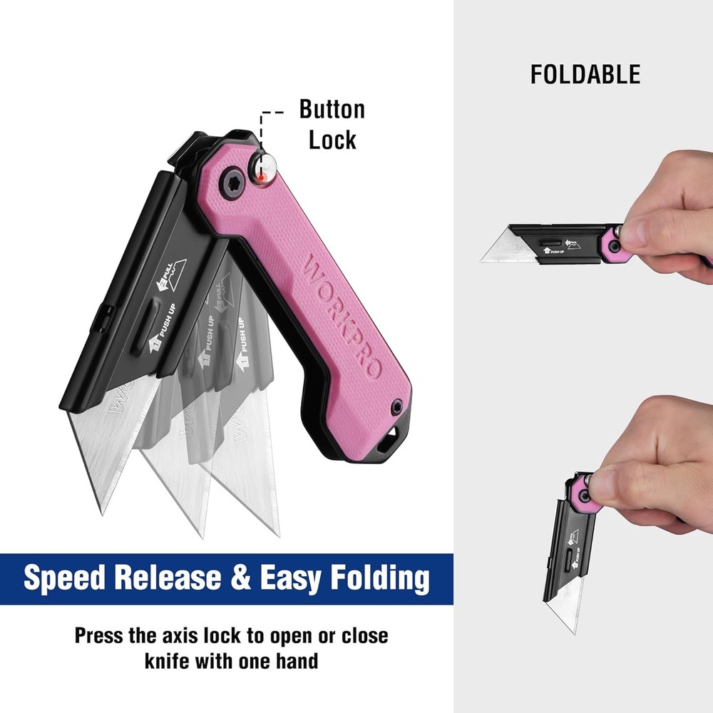 WORKPRO Folding Utility Knife Quick Change Blade Box Cutter Quick Open Axis Lock