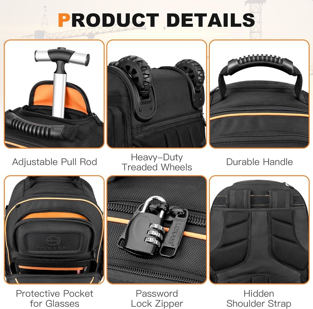 Rolling Tool Backpack with Wheels, 75 Pockets & Lock for Electricians