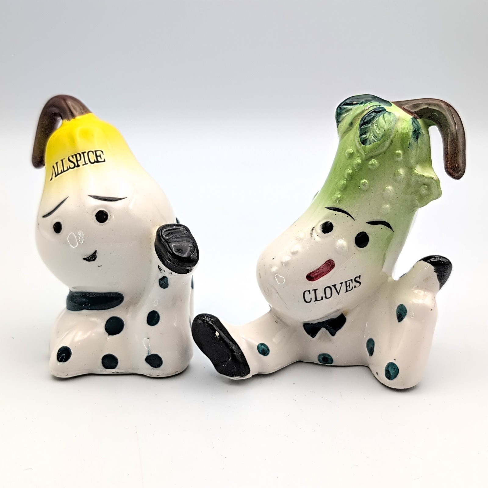 Vtg Japan Anthropomorphic "Allspice" Pear & "Cloves" Pickle Ceramic Spice Shaker