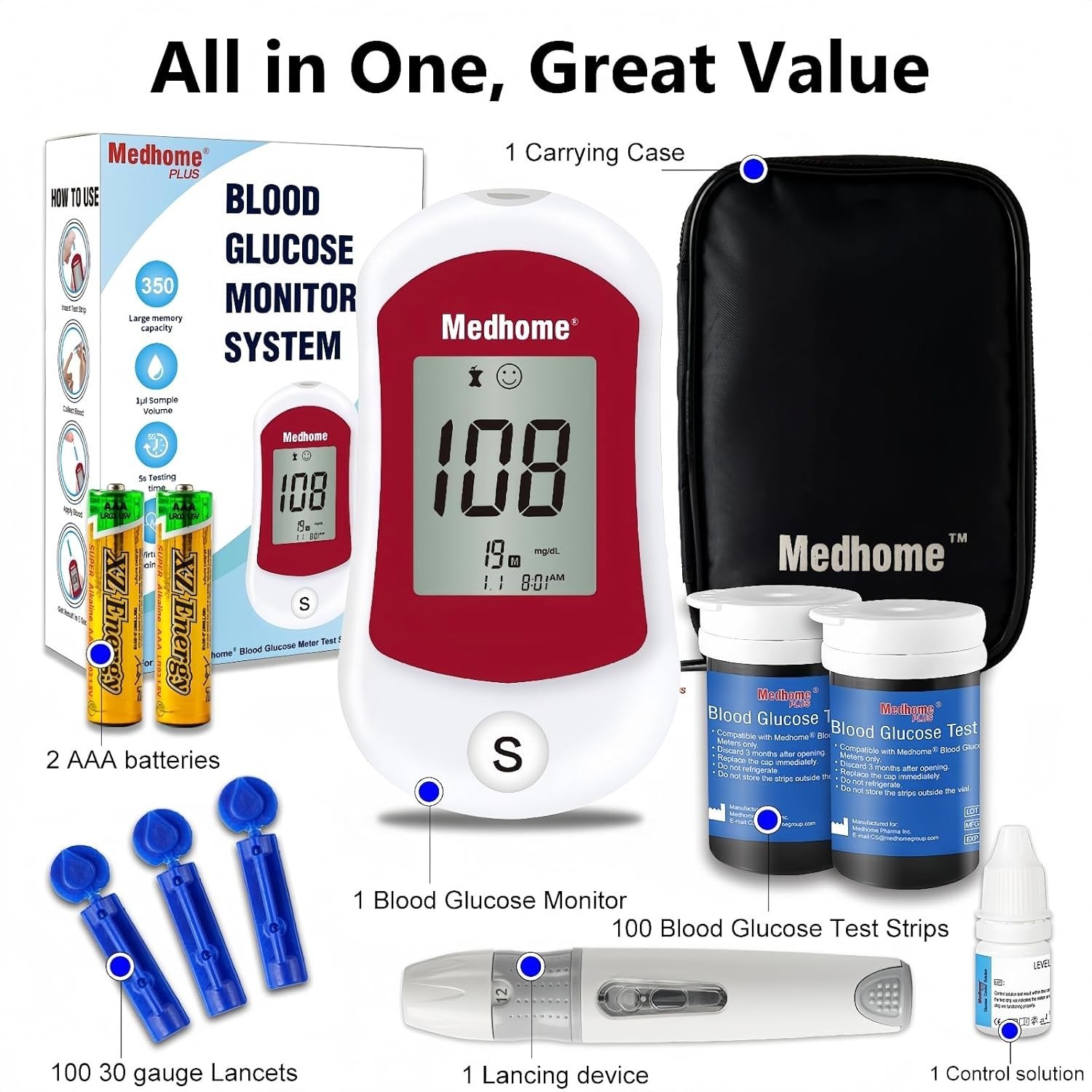 Diabetes Test Kit Blood Sugar Glucose Monitor Meter 206 Pcs Strip Tester Machine