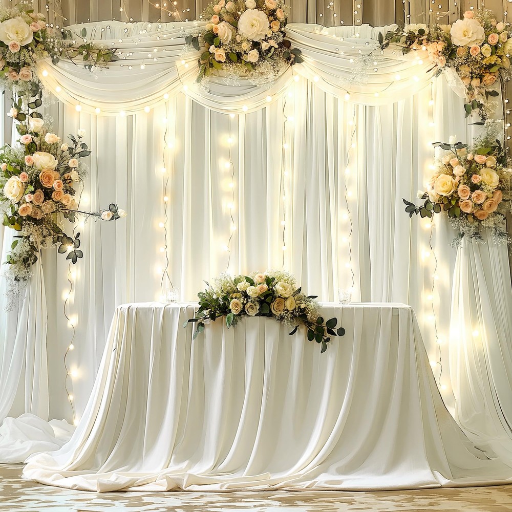 10 x 10ft Ivory Backdrop Curtains with Lights String Wrinkle-Free Polyester C...