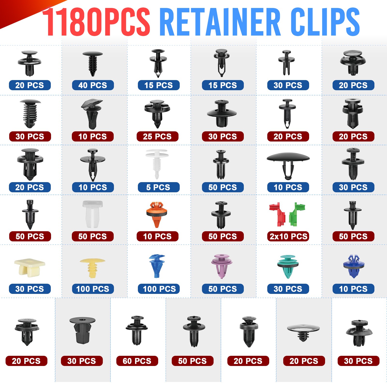 1295PCS Car Retainer Clips Auto Fasteners Push Trim Clips Pin Rivet Bumper Kit