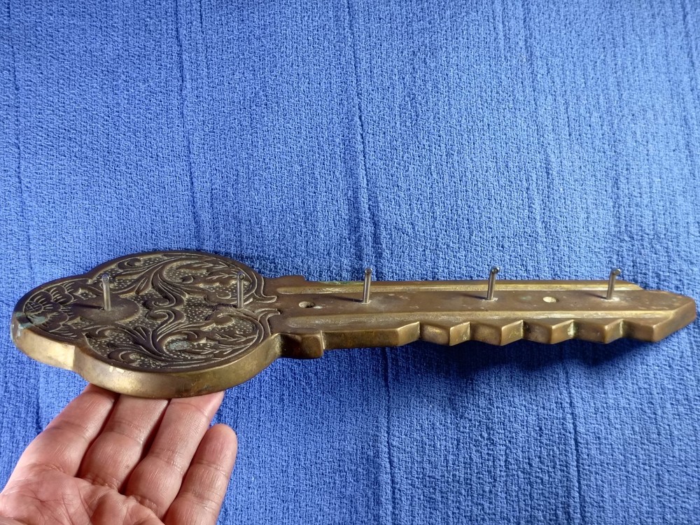 Vintage LARGE Wall Key Holder, Key Shaped Solid Brass w 5 Hooks