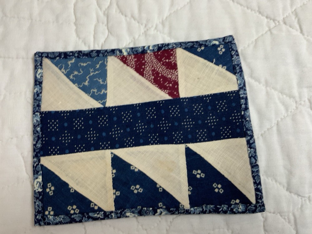 Antique Patchwork Quilt Table Topper, Early Calico Prints, Triangles, Navy, Blue