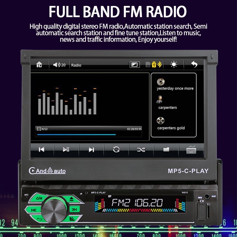 7" MP5 Single Spindle Player Car Electric Telescopic Screen 9601C-CARPLAY