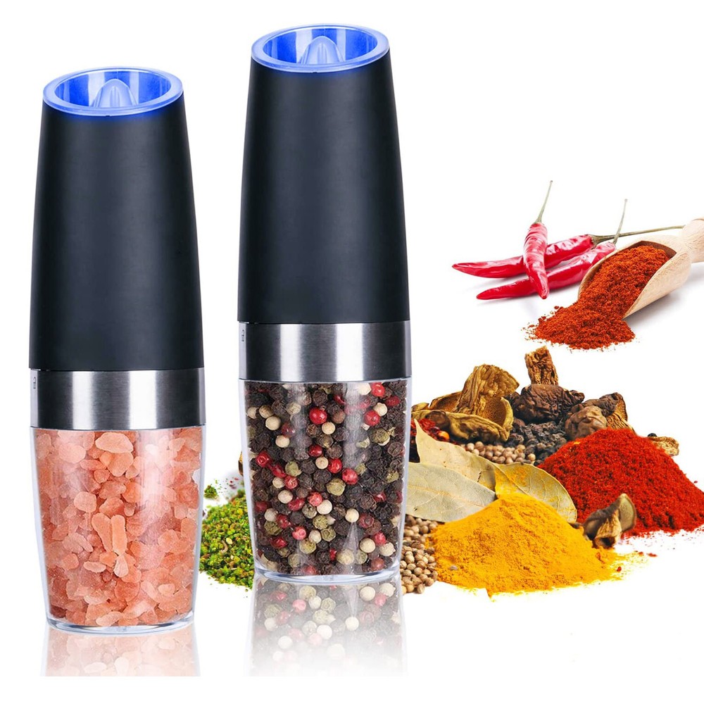 2 Pack Gravity Electric Salt and Pepper Grinder Mill Shaker Adjustable Automatic