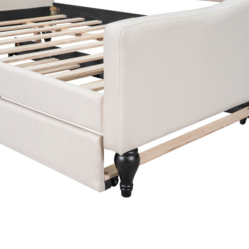 Full Size Daybed with Pull Out Trundle Bed Upholstered Bed Frame Sofa Bed Beige