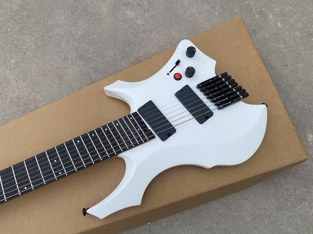 Satin White 7 String Headless Electric Guitar Red Killswitch Active Pickups