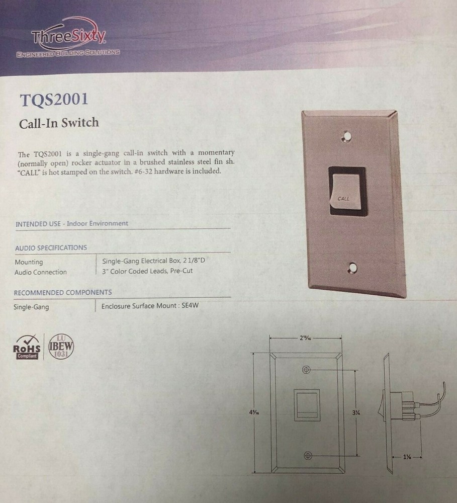 ThreeSixty Intercom Call Switch Single Gang Stainless Wall Plate Part # TQS2001