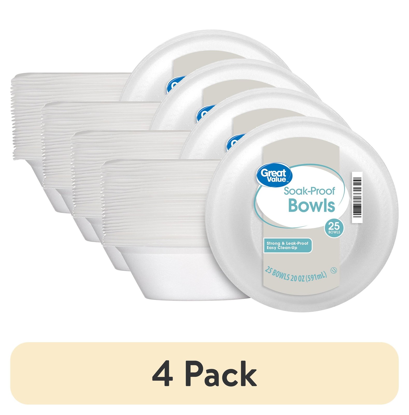 (4 pack) Great Value Everyday Disposable Foam Bowls, 20 oz, 25 Count